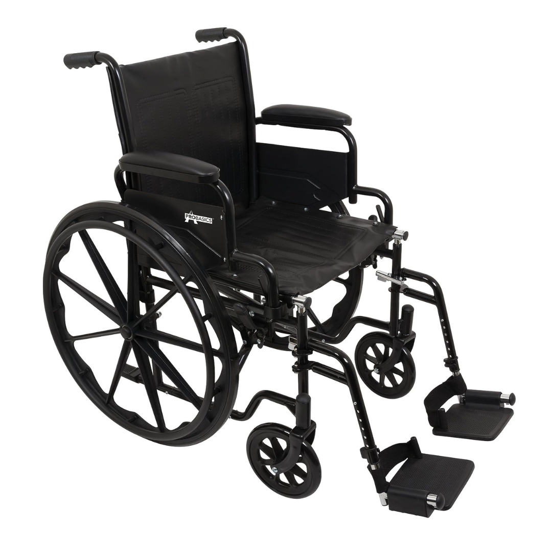 The ProBasics K1 Lightweight Portable Wheelchair features a durable black frame, black wheels, and swing-away footrests for comfort and convenience.